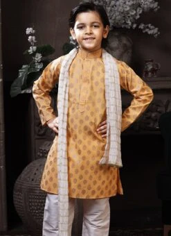 Coral Peach Cotton Printed Boys Kurta Pyjama Party Wear -C Bazaar Shop coral peach cotton printed boys kurta pyjama kdbmss6211 b