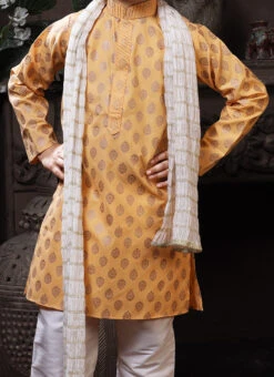 Coral Peach Cotton Printed Boys Kurta Pyjama Party Wear