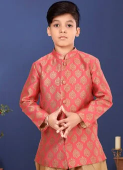 Coral Peach Jacquard Silk Boys Classic Sherwani Party Wear -C Bazaar Shop coral peach jacquard silk boys classic sherwani kdbkvs646 b