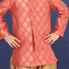 Coral Peach Jacquard Silk Boys Classic Sherwani Party Wear