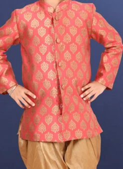 Coral Peach Jacquard Silk Boys Classic Sherwani Party Wear
