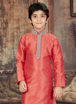Coral Pink Kids Embroidered Kurta Pyjama -C Bazaar Shop coral pink kids embroidered kurta pyjama kddss6075 b