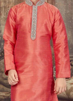 Coral Pink Kids Embroidered Kurta Pyjama