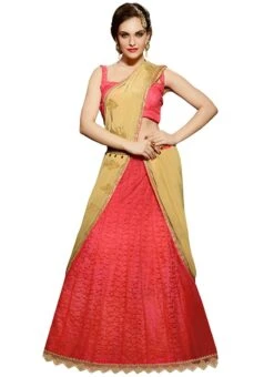 Coral Pink N Beige Lehenga Saree Party Wear -C Bazaar Shop coral pink n beige lehenga saree sacvi3115 u