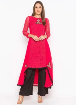 Coral Red Georgette Embroidered Kurta Palazzo Set After Six Wear -C Bazaar Shop coral red georgette embroidered kurta palazzo set krsmnc1945ks u