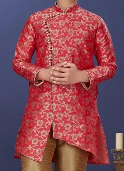 Coral Red Heavy Silk Boys Indowestern Sherwani Party Wear