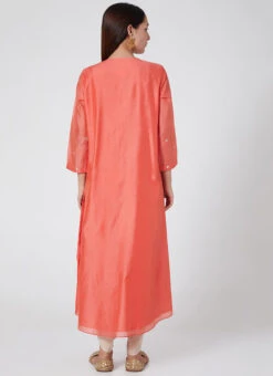 Coral Red Pure Chanderi Silk Embroidered Kurta Dhoti Set Party Wear -C Bazaar Shop coral red pure chanderi silk embroidered kurta dhoti set krsdvcsvks45 b