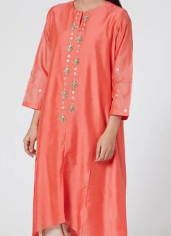 Coral Red Pure Chanderi Silk Embroidered Kurta Dhoti Set Party Wear