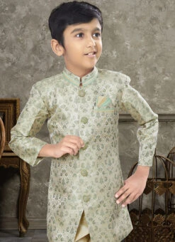 Cream And Green Art Silk Jacquard Indowestern Sherwani Party Wear -C Bazaar Shop cream and green art silk jacquard indowestern sherwani kdbsgr617 b