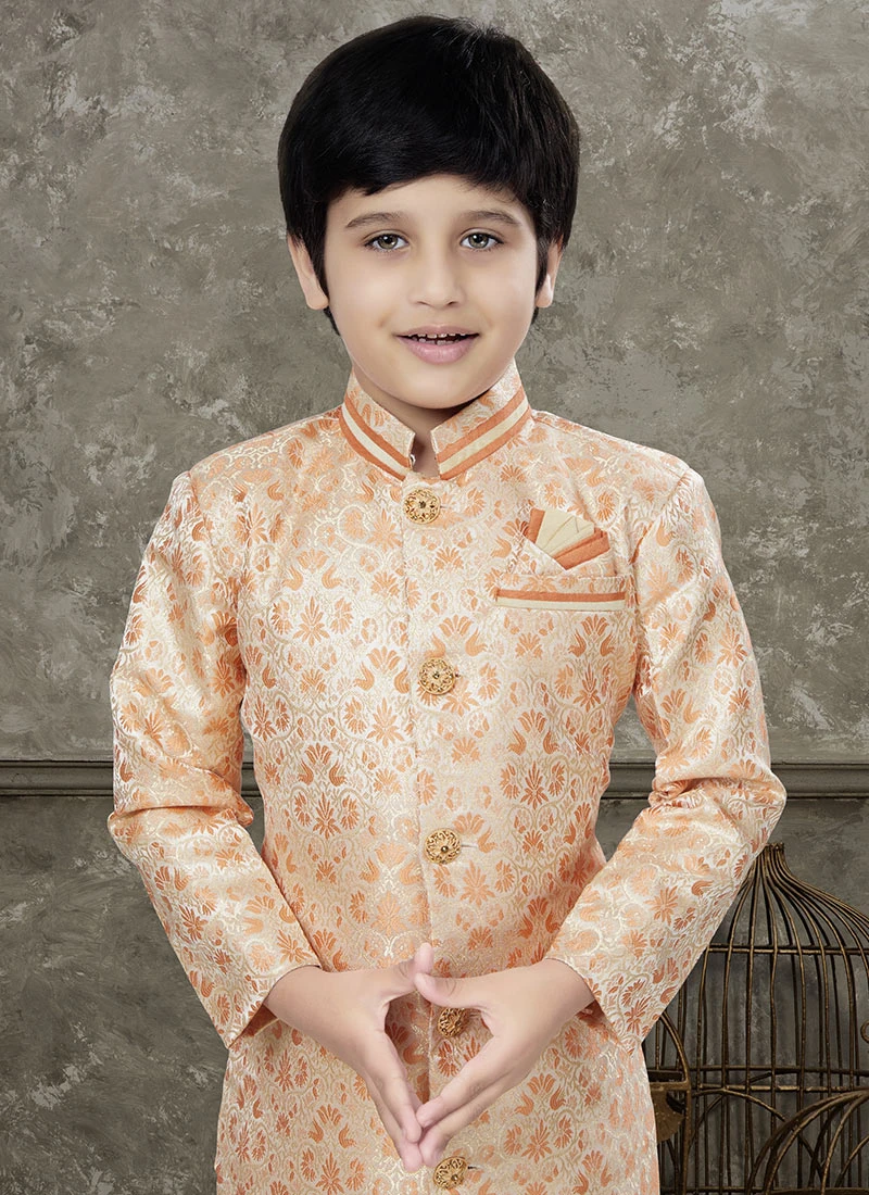 Cream And Orange Art Silk Jacquard Indowestern Sherwani Party Wear 3 Cream And Orange Art Silk Jacquard Indowestern Sherwani Party Wear - Image 3