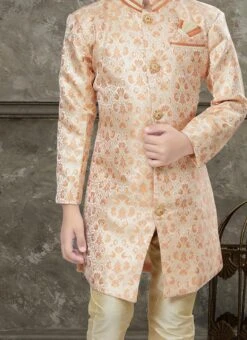 Cream And Orange Art Silk Jacquard Indowestern Sherwani Party Wear