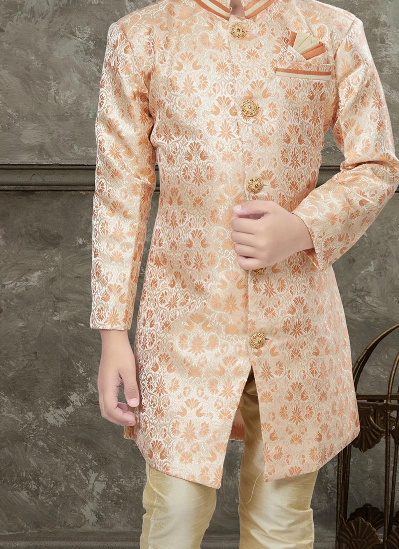 Cream And Orange Art Silk Jacquard Indowestern Sherwani Party Wear 1 Cream And Orange Art Silk Jacquard Indowestern Sherwani Party Wear