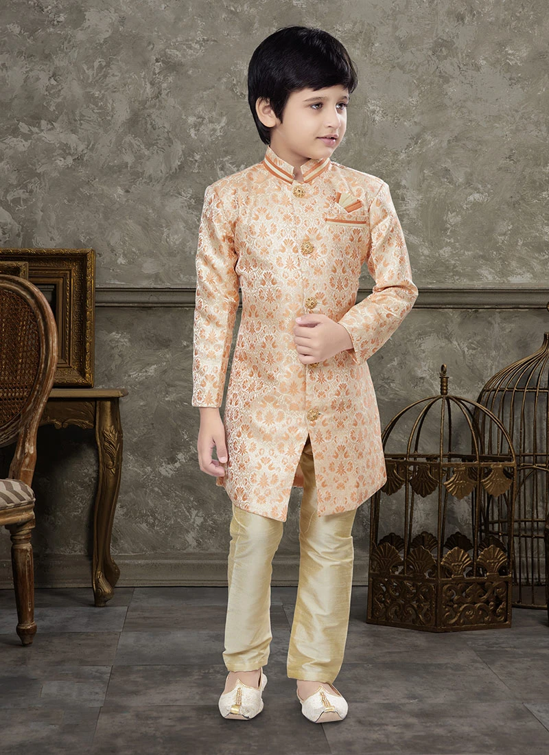 Cream And Orange Art Silk Jacquard Indowestern Sherwani Party Wear 2 Cream And Orange Art Silk Jacquard Indowestern Sherwani Party Wear - Image 2