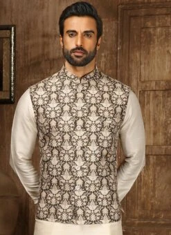 Cream Art Silk Banarasi Bandi Set Party Wear -C Bazaar Shop cream art silk banarasi bandi set kpmac1329 b