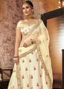 Cream Art Silk Embroidered A Line Lehenga Wedding Wear -C Bazaar Shop cream art silk embroidered a line lehenga ghssit32902 b