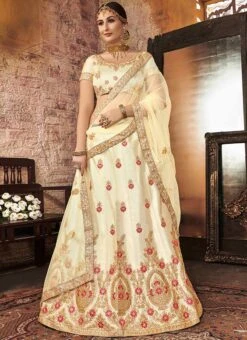 Cream Art Silk Embroidered A Line Lehenga Wedding Wear -C Bazaar Shop cream art silk embroidered a line lehenga ghssit32902 u