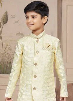 Cream Art Silk Embroidered Sherwani For Boys Festive Wear -C Bazaar Shop cream art silk embroidered sherwani for boys kdbmsgr595 b