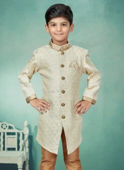 Cream Art Silk Jacquard Indowestern Sherwani Party Wear -C Bazaar Shop cream art silk jacquard indowestern sherwani kdbmsgrk553 b