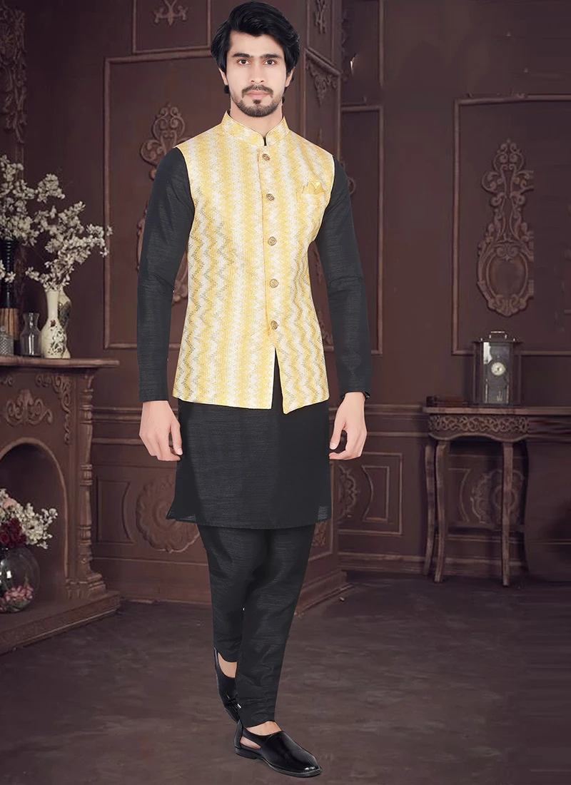 Cream Art Silk Jacquard Nehru Jacket 2 Cream Art Silk Jacquard Nehru Jacket - Image 2