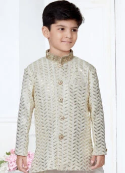 Cream Banarasi Silk Sequins Work Indowestern Sherwani Party Wear 5 Cream Banarasi Silk Sequins Work Indowestern Sherwani Party Wear -C Bazaar Shop cream banarasi silk sequins work indowestern sherwani kdbmsgr511 b
