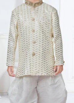 Cream Banarasi Silk Sequins Work Indowestern Sherwani Party Wear