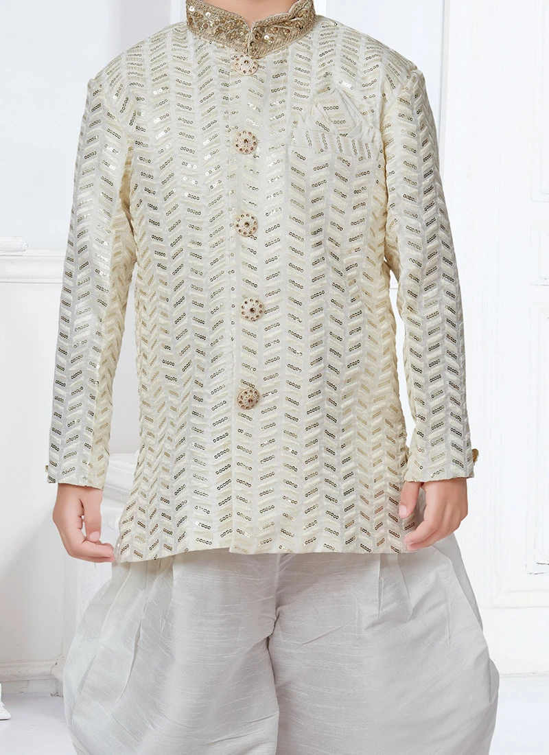 Cream Banarasi Silk Sequins Work Indowestern Sherwani Party Wear 1 Cream Banarasi Silk Sequins Work Indowestern Sherwani Party Wear