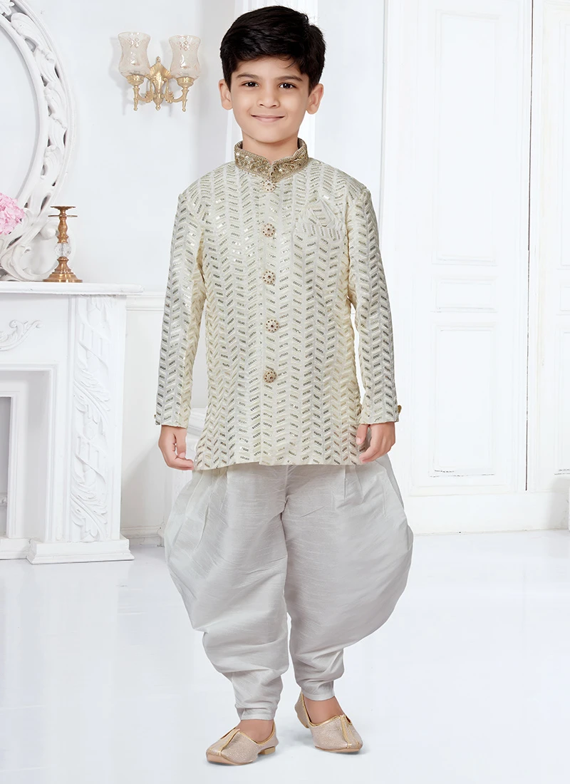 Cream Banarasi Silk Sequins Work Indowestern Sherwani Party Wear 2 Cream Banarasi Silk Sequins Work Indowestern Sherwani Party Wear - Image 2