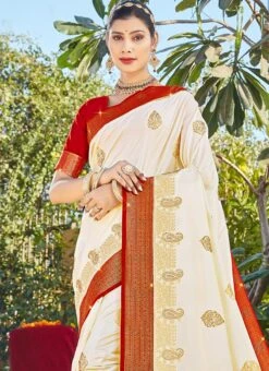 Cream Color Zari Stone Work Banarasi Silk Saree Festive Wear -C Bazaar Shop cream color zari stone work banarasi silk saree sasaz15215 b