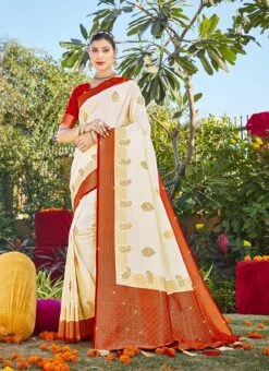 Cream Color Zari Stone Work Banarasi Silk Saree Festive Wear -C Bazaar Shop cream color zari stone work banarasi silk saree sasaz15215 u