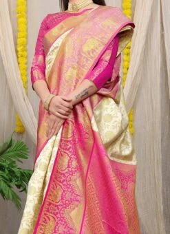 Cream Color Zari Weaving Patola Silk Saree Festive Wear