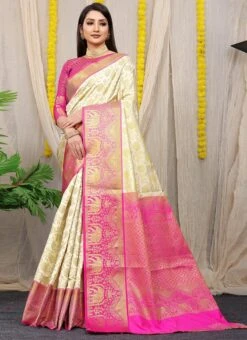 Cream Color Zari Weaving Patola Silk Saree Festive Wear -C Bazaar Shop cream color zari weaving patola silk saree sasom110967 u