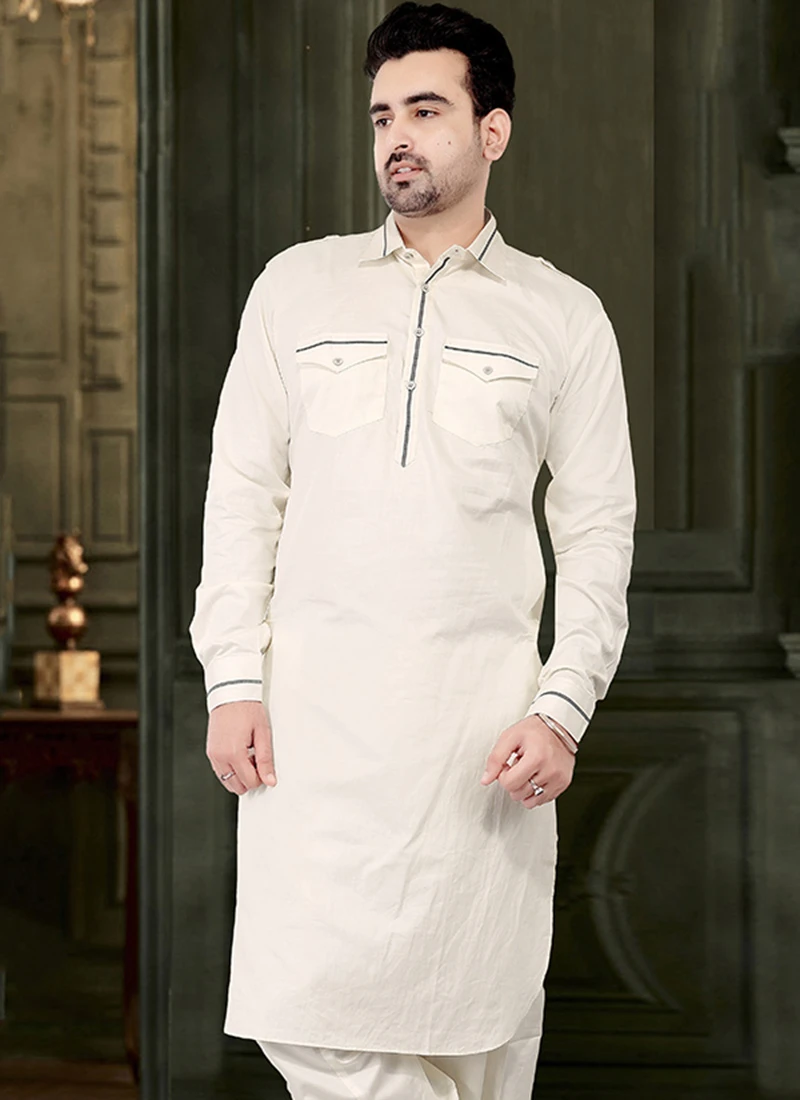 Cream Cotton Pathani Set Festive Wear 3 Cream Cotton Pathani Set Festive Wear - Image 3