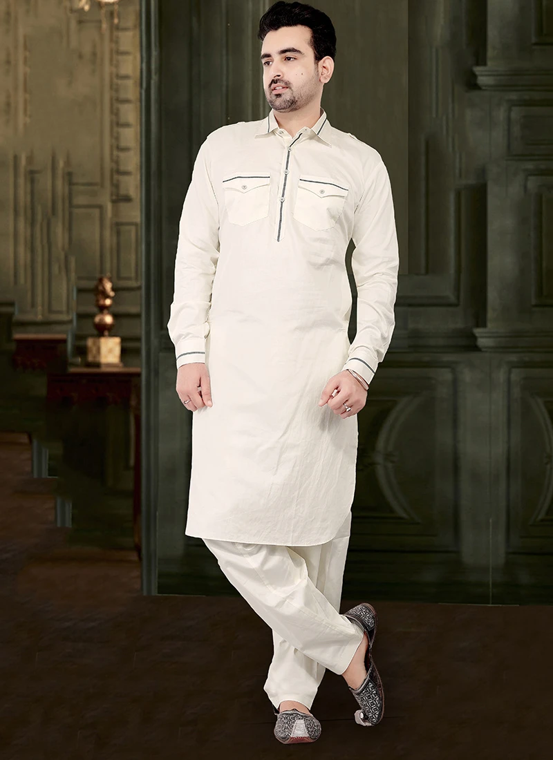 Cream Cotton Pathani Set Festive Wear 2 Cream Cotton Pathani Set Festive Wear - Image 2