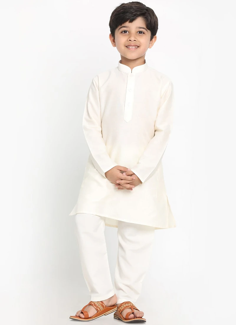 Cream Cotton Solid Stitched Kurta Pyjama Party Wear 2 Cream Cotton Solid Stitched Kurta Pyjama Party Wear - Image 2