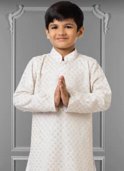Cream Georgette Embroidered Boys Kurta Pyjama Party Wear -C Bazaar Shop cream georgette embroidered boys kurta pyjama kdbkvs735 b