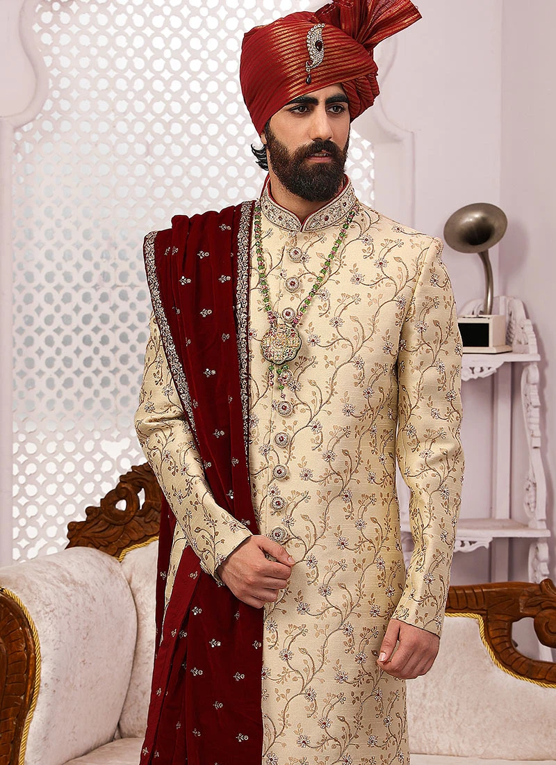 Cream Jacquard Silk Brocade Embroidered Chipkan Sherwani Party Wear 3 Cream Jacquard Silk Brocade Embroidered Chipkan Sherwani Party Wear - Image 3
