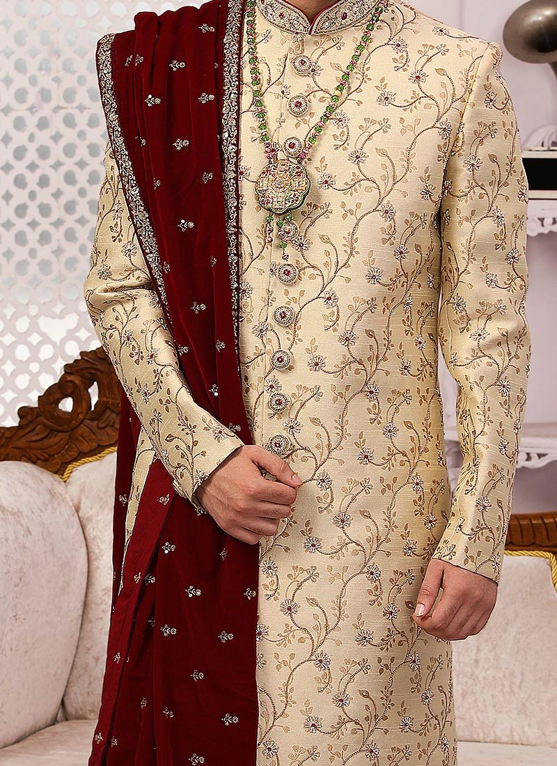 Cream Jacquard Silk Brocade Embroidered Chipkan Sherwani Party Wear 1 Cream Jacquard Silk Brocade Embroidered Chipkan Sherwani Party Wear