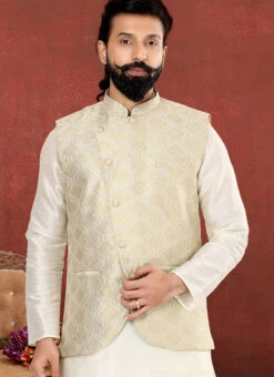 Cream Jacquard Silk Embroidered Nehru Jacket -C Bazaar Shop cream jacquard silk embroidered nehru jacket jmvswc324 b