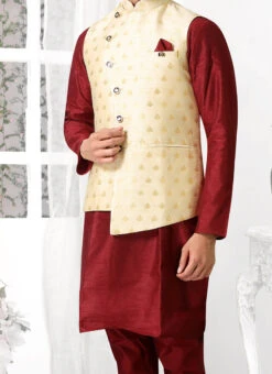 Cream Jacquard Silk Nehru Jacket