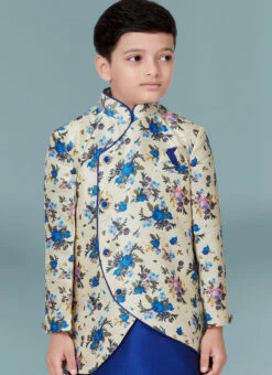 Cream Jacquard Silk Printed Work Indowestern Sherwani Party Wear -C Bazaar Shop cream jacquard silk printed work indowestern sherwani kdbmsgr526 b