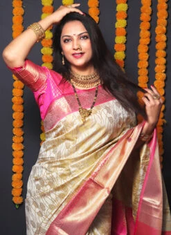 Cream Kancheepuram Silk Zari Weaving Work Saree Festive Wear 7 Cream Kancheepuram Silk Zari Weaving Work Saree Festive Wear -C Bazaar Shop cream kancheepuram silk zari weaving work saree sasom878 b