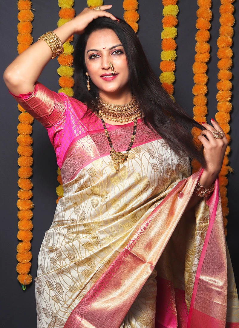 Cream Kancheepuram Silk Zari Weaving Work Saree Festive Wear 4 Cream Kancheepuram Silk Zari Weaving Work Saree Festive Wear - Image 4