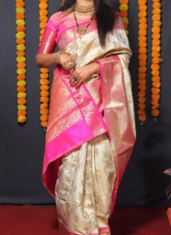 Cream Kancheepuram Silk Zari Weaving Work Saree Festive Wear