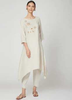 Cream Linen Kurta Straight Pant Set Work Wear 6 Cream Linen Kurta Straight Pant Set Work Wear -C Bazaar Shop cream linen kurta straight pant set krsdvcsvts15 u