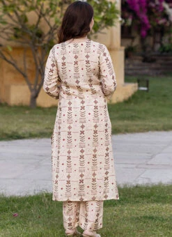 Cream Muslin Printed Kurta Straight Pant Set After Six Wear -C Bazaar Shop cream muslin printed kurta straight pant set krspranju69 b