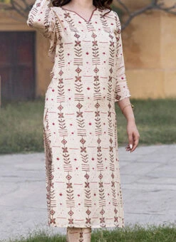 Cream Muslin Printed Kurta Straight Pant Set After Six Wear