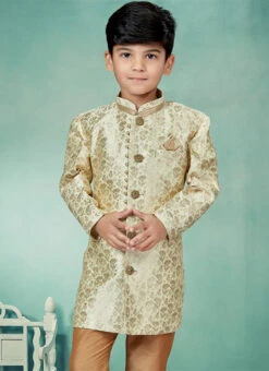 Cream N Gold Banarasi Silk Jacquard Classic Sherwani Party Wear -C Bazaar Shop cream n gold banarasi silk jacquard classic sherwani kdbmsgrk545 b