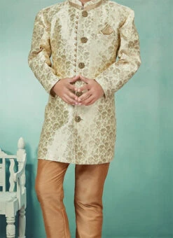 Cream N Gold Banarasi Silk Jacquard Classic Sherwani Party Wear