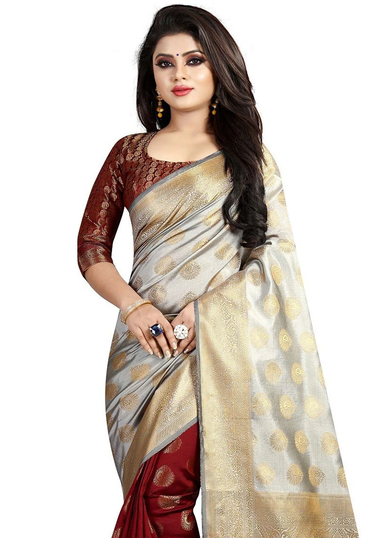 Cream N Maroon Uppada Art Silk Half N Half Saree Festive Wear 4 Cream N Maroon Uppada Art Silk Half N Half Saree Festive Wear - Image 4
