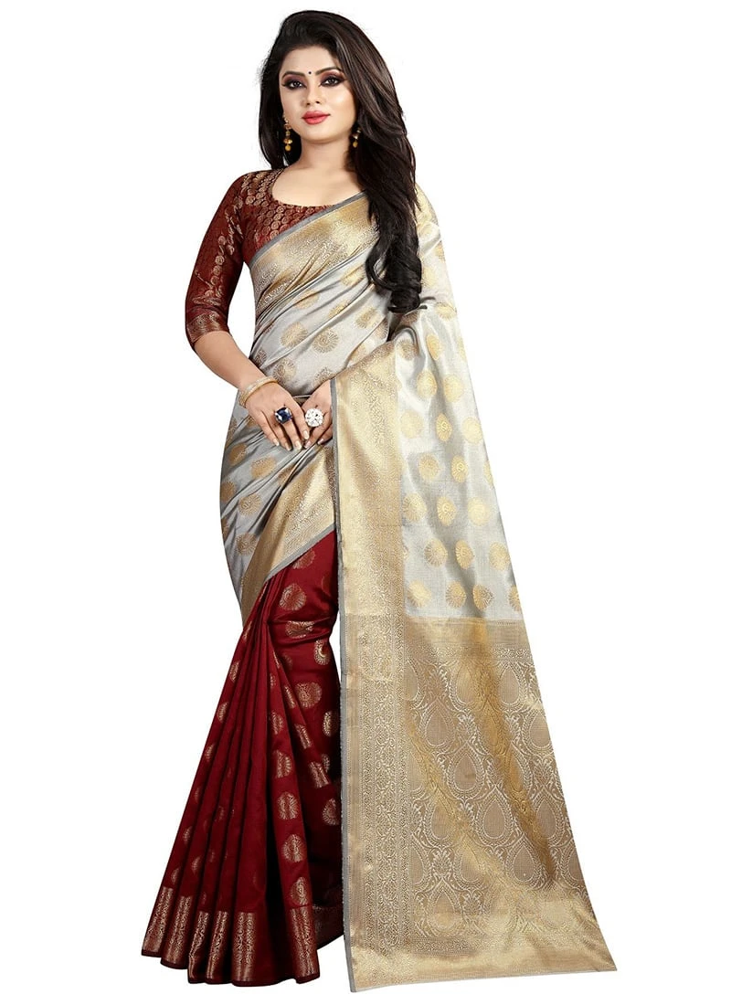 Cream N Maroon Uppada Art Silk Half N Half Saree Festive Wear 3 Cream N Maroon Uppada Art Silk Half N Half Saree Festive Wear - Image 3
